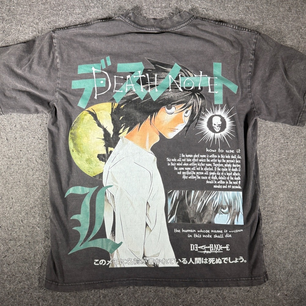Death Note L Lawliet Graphic Tee Charcoal Grey Acid Wash Anime Shirt XL 12612